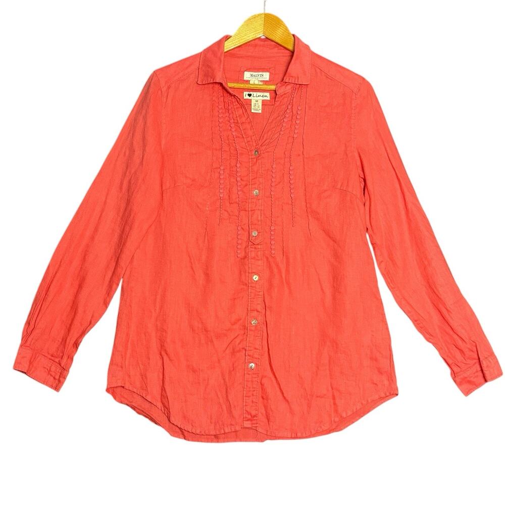 Malvin 100% Linen Blouse Womens M Coral Button Front Tunic Shirt Lightweight